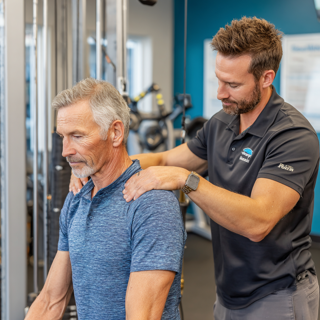 Треньор на 45 години, демонстриращ правилна техника на упражнение на клиент на 58 години в професионална фитнес среда