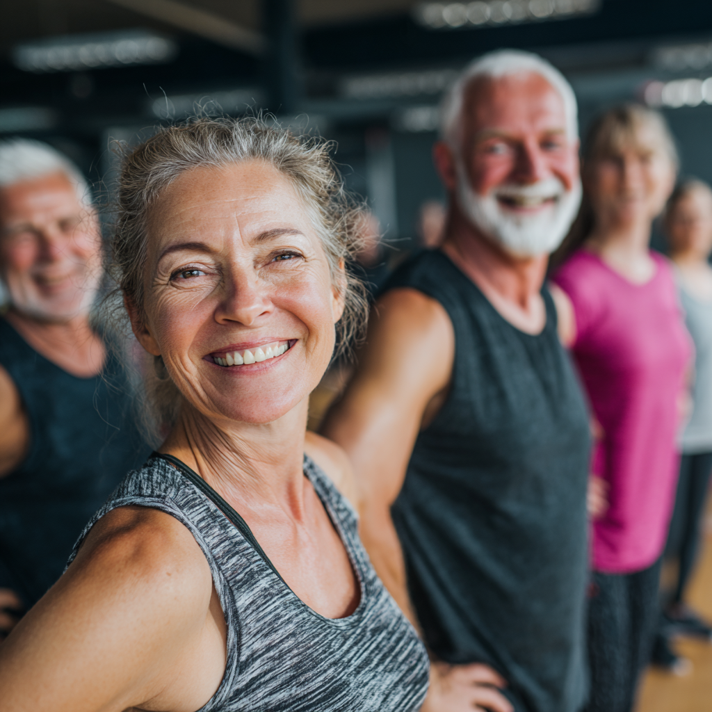 Група от мъже и жени на възраст 50-60 години, правещи групова тренировка в просторна зала, всички усмихнати и активни