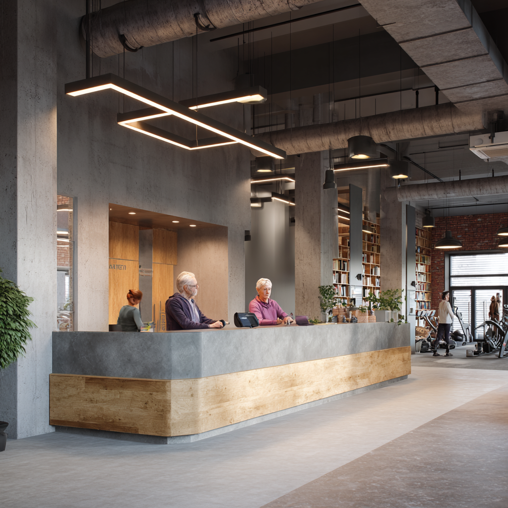 Рецепция на модерна фитнес зала с приветлив персонал и клиенти на възраст между 50-60 години