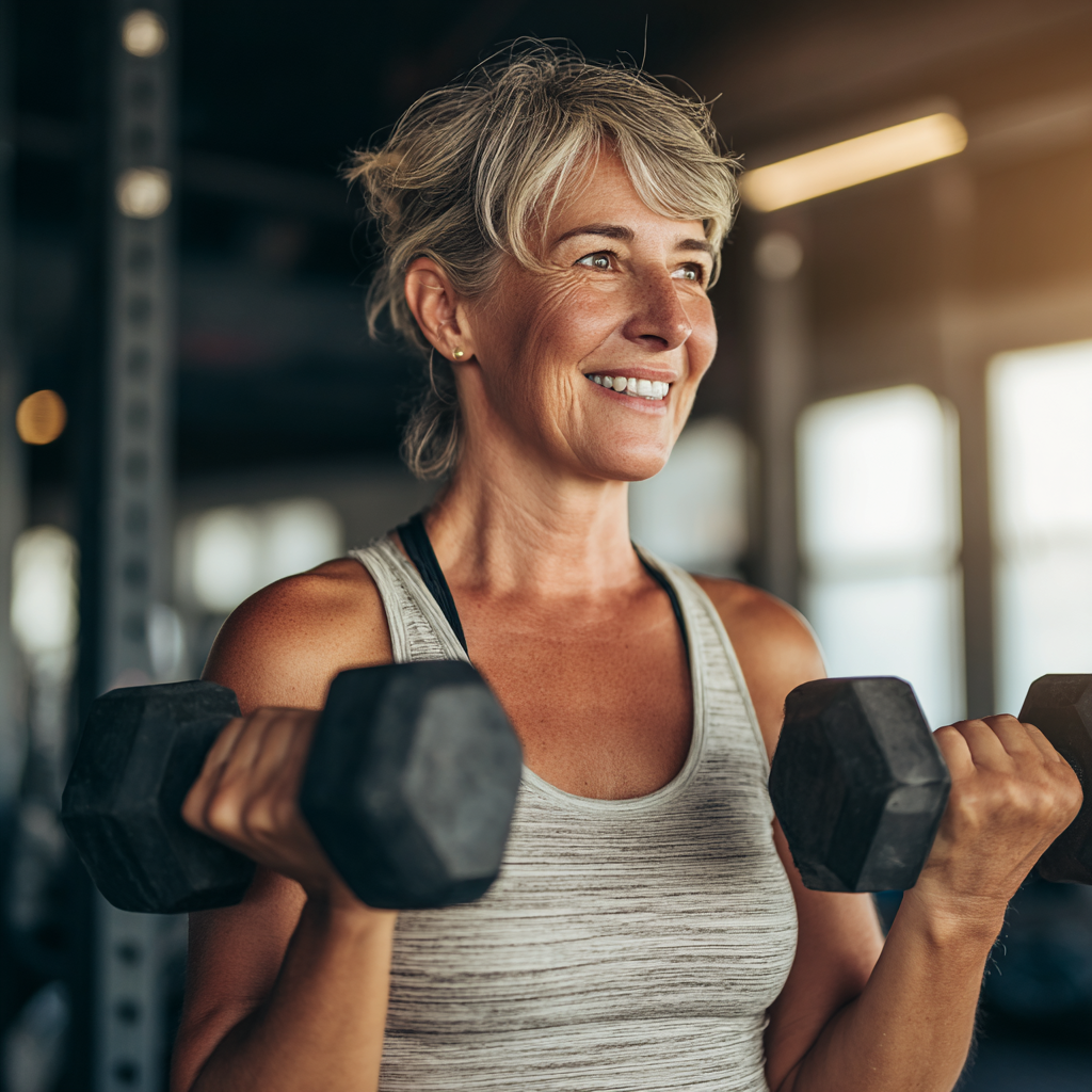 Усмихната жена на 55 години в спортно облекло, правеща силови упражнения с хантели в модерна фитнес зала